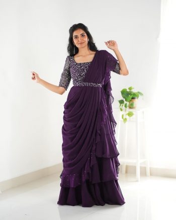 DESIGNER GEORGETTE EMBROIDERY SEQUENCE WORK LEHENGA SAREE STITCHED BLOUSE WITH WASIT BELT WINE