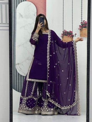 DESIGNER GEORGETTE EMBROIDERY SEQUENCE WORK TOP PALAZZO WITH DUPATTA  PURPLE