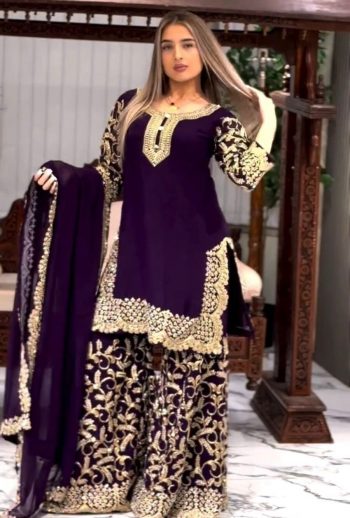 DESIGNER GEORGETTE EMBROIDERY SEQUENCE WORK TOP SHARARA WITH DUPATTA WINE