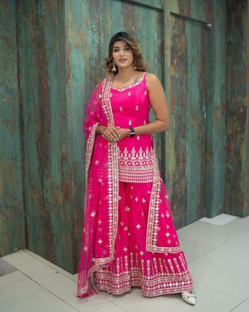 DESIGNER GEORGETTE EMBROIDERY SEQUENCE WORK TOP SHARARA WITH DUPATTA PINK
