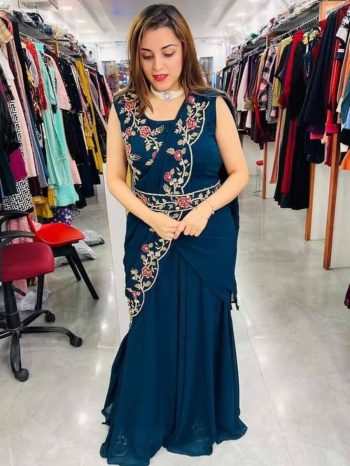 DESIGNER GEORGETTE EMBROIDERY WORK GOWN SAREE WITH ATTACHED DUPATTA AND WAIST BELT RAMA