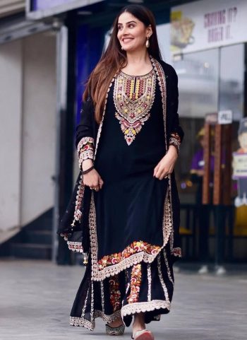 DESIGNER GEORGETTE EMBROIDERY WORK TOP SHARARA WITH DUPATTA  BLACK