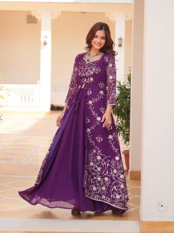 DESIGNER GEORGETTE EMBROIDERY WORK BLOUSE PALAZZO WITH SHRUG PURPLE