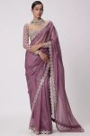 DESIGNER GEORGETTE MULTI THREAD SEQUENCE WORK SAREE WITH UNSTICHED BLOUSE ONION