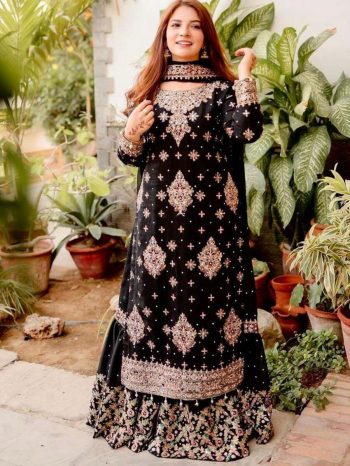 DESIGNER GEORGETTE REAL MIRROR AND ZARI EMBROIDERY WORK TOP SHARARA WITH DUPATTA  BLACK