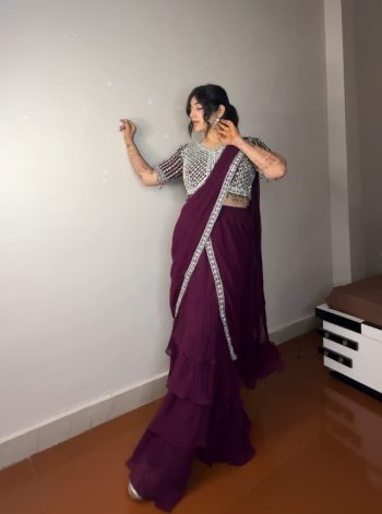 DESIGNER GEORGETTE RUFFLE EMBROIDERY THREAD SEQUENCE WORK LEHENGA SAREE WITH UNSTITCHED BLOUSE WINE