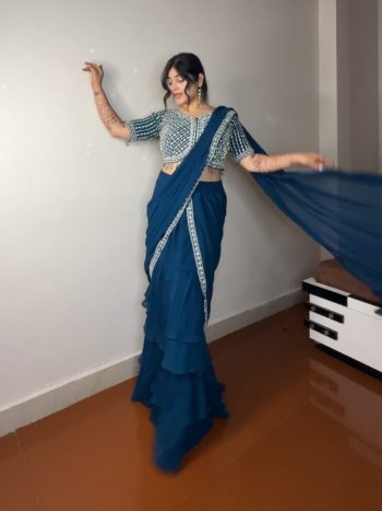 DESIGNER GEORGETTE RUFFLE EMBROIDERY THREAD SEQUENCE WORK LEHENGA SAREE WITH UNSTITCHED BLOUSE TEAL