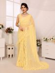 DESIGNER GEORGETTE SILK RUFFLE AND MIRROR WORK SAREE WITH UNSTITCHED BLOUSE YELLOW
