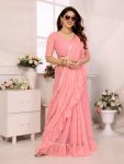 DESIGNER GEORGETTE SILK RUFFLE AND MIRROR WORK SAREE WITH UNSTITCHED BLOUSE BABY PINK