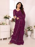 DESIGNER GEORGETTE SILK RUFFLE AND MIRROR WORK SAREE WITH UNSTITCHED BLOUSE WINE