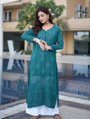 DESIGNER GEORGETTE THREAD EMBROIDERY AND STONE WORK TOP PALAZZO GREEN