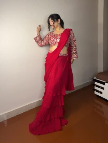 DESIGNER GEORGETTE THREAD, EMBROIDERY , ZARI AND SEQUENCE WORK RUFFLE READY TO WEAR SAREE WITH BLOUSE RANI