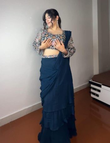 DESIGNER GEORGETTE THREAD, EMBROIDERY , ZARI AND SEQUENCE WORK RUFFLE READY TO WEAR SAREE WITH BLOUSE NAVY BLUE