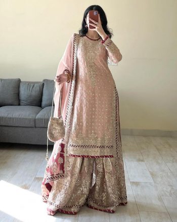 DESIGNER GEORGETTE THREAD SEQUENCE MOTI WORK TOP GHARARA WITH DUPATTA BABY PINK