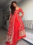 DESIGNER GEORGETTE THREAD SEQUENCE WORK TOP BOTTOM WITH DUPATTA RED