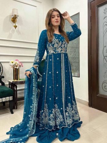 DESIGNER GEORGETTE ZARI EMBROIDERY WORK GOWN PALAZZO WITH DUPATTA RAMA