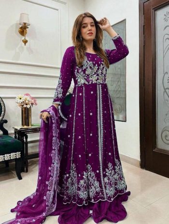 DESIGNER GEORGETTE ZARI EMBROIDERY WORK GOWN PALAZZO WITH DUPATTA PURPLE