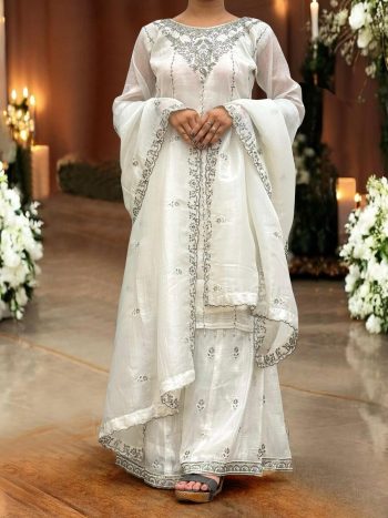 DESIGNER GOLD CRUSH EMBROIDERY SEQUENCE THREAD AND READY MADE LACE WORK TOP PALAZZO WITH DUPATTA WHITE