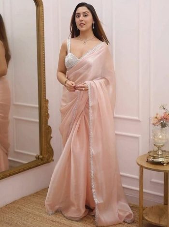 DESIGNER JIMMY CHOO SILVER LACE BORDER WORK SAREE WITH UNSTITCHED BLOUSE BABY PINK