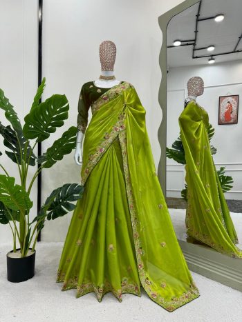 DESIGNER JIMMY CHOO THREAD WITH SEQUENCE WORK SAREE WITH UNSTITCHED BLOUSE LEMON