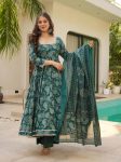 DESIGNER MUSLIN DIGITAL PRINT WITH WHITE EMBROIDERY LACE WORK GOWN BOTTOM WITH DUPATTA GREEN