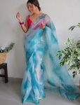 DESIGNER ORGANZA BATIK SHIBORI PRINTED WITH FOUR SIDE HAND AARI CUT SEQUENCE WORK SAREE WITH UNSTITCHED BLOUSE  SKY