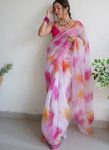 DESIGNER ORGANZA BATIK SHIBORI PRINTED WITH FOUR SIDE HAND AARI CUT SEQUENCE WORK SAREE WITH UNSTITCHED BLOUSE PINK