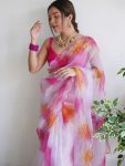 DESIGNER ORGANZA BATIK SHIBORI PRINTED WITH FOUR SIDE HAND AARI CUT SEQUENCE WORK SAREE WITH UNSTITCHED BLOUSE PARTY WEAR WHOLESALE PRICE ETHNIC GARMENT (4)