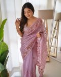 DESIGNER ORGANZA MULTI THREAD EMBROIDERY SEQUENCE WORK SAREE WITH UNSTITCHED BLOUSE PARTY WEAR WHOLESALE PRICE ETHNIC GARMENT (6)