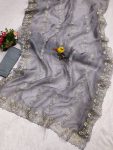 DESIGNER ORGANZA MULTI THREAD EMBROIDERY WORK SAREE WITH UNSTITCHED BLOUSE PARTY WEAR WHOLESALE PRICE ETHNIC GARMENT (4)