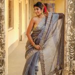 DESIGNER ORGANZA MULTI THREAD EMBROIDERY WORK SAREE WITH UNSTITCHED BLOUSE GREY