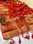 DESIGNER ORGANZA SILK HAND DYING GOLD ZARI WORK SAREE WITH UNSTITCHED BLOUSE  RED