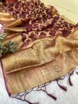 DESIGNER ORGANZA SILK HAND DYING GOLD ZARI WORK SAREE WITH UNSTITCHED BLOUSE  WINE