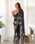 DESIGNER ORGANZA SILK THREAD EMBROIDERY CUT WORK SAREE WITH UNSTITCHED BLOUSE BLACK