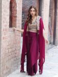 DESIGNER ORGANZA SILK THREAD WITH SEQUENCE WORK CHOLI DRAPE SKIRT WITH SHRUG MAROON