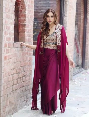 DESIGNER ORGANZA SILK THREAD WITH SEQUENCE WORK CHOLI DRAPE SKIRT WITH SHRUG MAROON