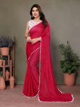 DESIGNER POLYESTER WOVEN ZARI AND FANCY LACE WORK SAREE WITH UNSTITCHED BLOUSE RED
