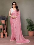 DESIGNER POLYESTER WOVEN ZARI AND FANCY LACE WORK SAREE WITH UNSTITCHED BLOUSE PINK