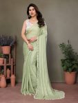DESIGNER POLYESTER WOVEN ZARI AND FANCY LACE WORK SAREE WITH UNSTITCHED BLOUSE PISTA
