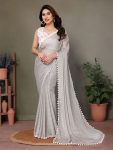 DESIGNER POLYESTER WOVEN ZARI AND FANCY LACE WORK SAREE WITH UNSTITCHED BLOUSE GREY