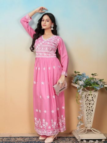 DESIGNER RAYON CHIKANKARI EMBROIDER WORK TOP BOTTOM SET BABY PINK
