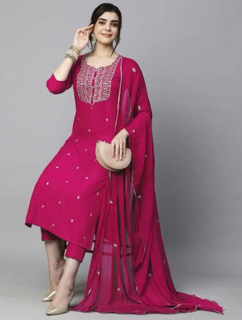DESIGNER RAYON EMBROIDERY WORK TOP BOTTOM WITH DUPATTA PINK