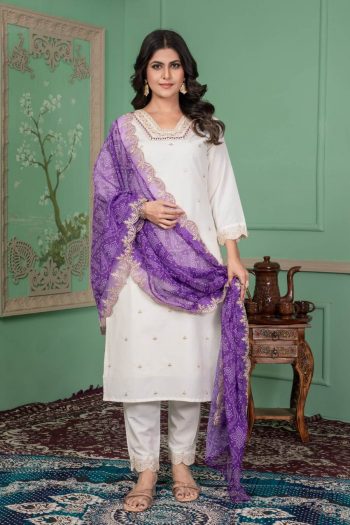 DESIGNER ROMAN SILK EMBROIDERY SEQUENCE WORK TOP BOTTOM WITH BANDHANI PRINTED DUPATTA WHITE