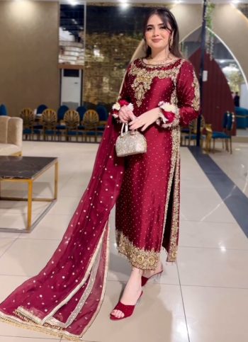 DESIGNER SATIN SILK EMBROIDERY SEQUENCE WORK  TOP BOTTOM WITH DUPATTA MAROON