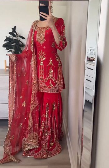 DESIGNER SEQUENCE EMBROIDERY WORK TOP SHARARA WITH DUPATTA  RED