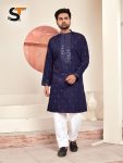 DESIGNER SILK EMBROIDERY AND SEQUENCE WORK MEN'S KURTA PAYJAMA  NAVY BLUE
