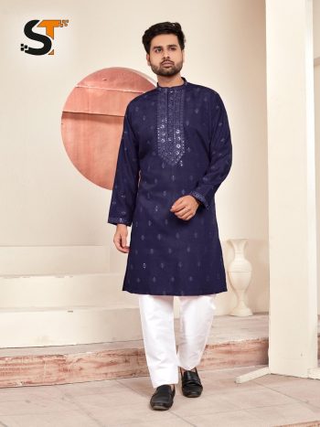 DESIGNER SILK EMBROIDERY AND SEQUENCE WORK MEN'S KURTA PAYJAMA  NAVY BLUE