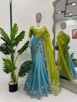 DESIGNER TABBY SILK THREAD AND SEQUENCE WITH DIGITAL PRINT WORK SAREE WITH UNSTITCHED BLOUSE PARTY WEAR WHOLESALE PRICE ETHNIC GARMENT (8)