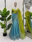 DESIGNER TABBY SILK THREAD AND SEQUENCE WITH DIGITAL PRINT WORK SAREE WITH UNSTITCHED BLOUSE  SKY
