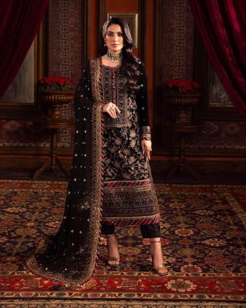 DESIGNER VELVET SEQUENCE EMBROIDERY WORK TOP BOTTOM WITH DUPATTA BLACK